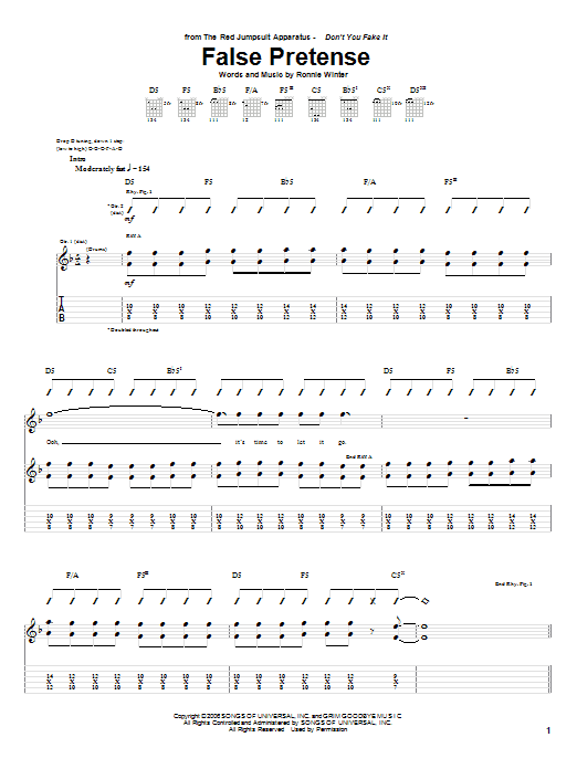 The Red Jumpsuit Apparatus False Pretense Sheet Music Notes & Chords for Guitar Tab - Download or Print PDF
