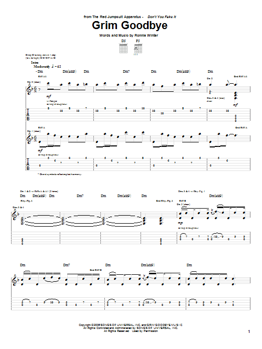 The Red Jumpsuit Apparatus Grim Goodbye Sheet Music Notes & Chords for Guitar Tab - Download or Print PDF