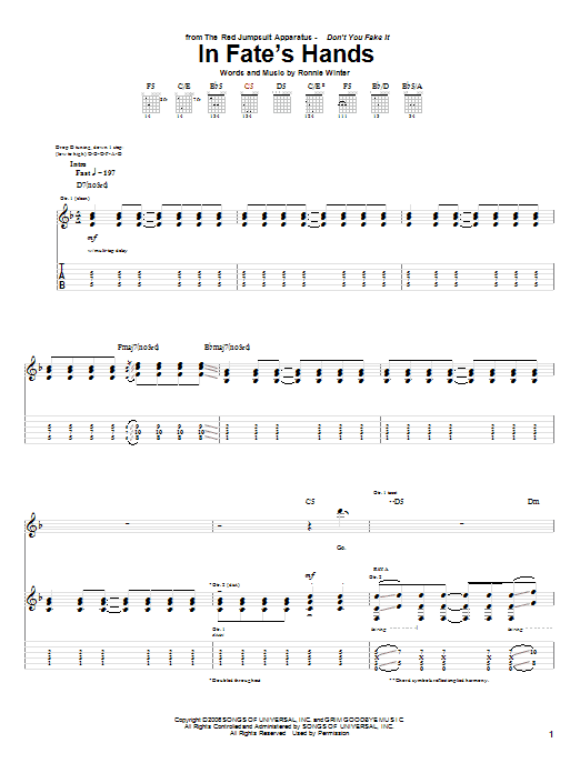 The Red Jumpsuit Apparatus In Fate's Hands Sheet Music Notes & Chords for Guitar Tab - Download or Print PDF