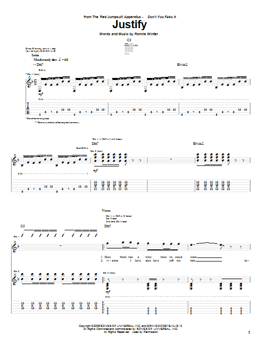 The Red Jumpsuit Apparatus Justify Sheet Music Notes & Chords for Guitar Tab - Download or Print PDF