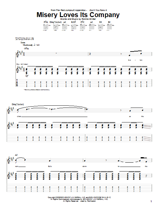 The Red Jumpsuit Apparatus Misery Loves Its Company Sheet Music Notes & Chords for Guitar Tab - Download or Print PDF