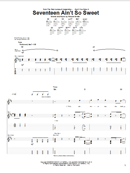 The Red Jumpsuit Apparatus Seventeen Ain't So Sweet Sheet Music Notes & Chords for Guitar Tab - Download or Print PDF