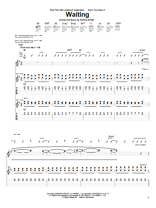 The Red Jumpsuit Apparatus Waiting Sheet Music Notes & Chords for Guitar Tab - Download or Print PDF