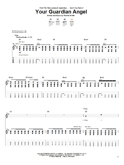 The Red Jumpsuit Apparatus Your Guardian Angel Sheet Music Notes & Chords for Guitar Tab - Download or Print PDF