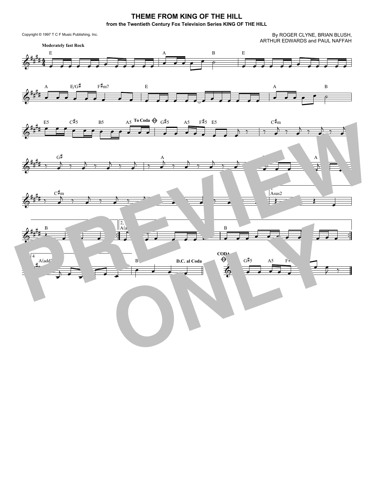 The Refreshments Theme From King Of The Hill Sheet Music Notes & Chords for Melody Line, Lyrics & Chords - Download or Print PDF