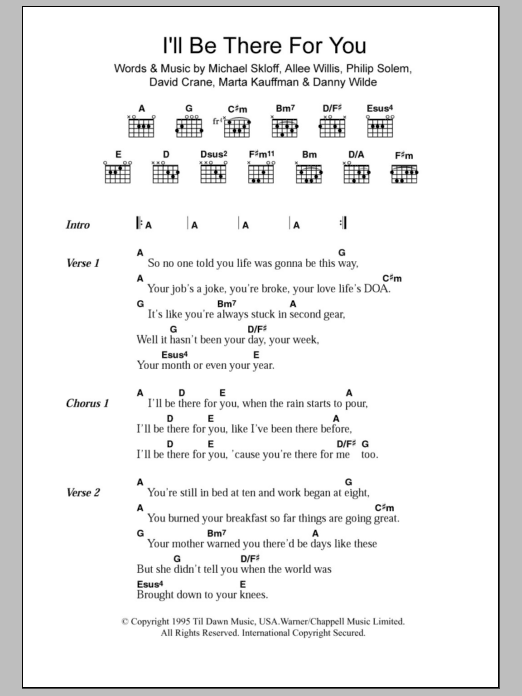 The Rembrandts I'll Be There For You (theme from Friends) Sheet Music Notes & Chords for Lyrics & Chords - Download or Print PDF