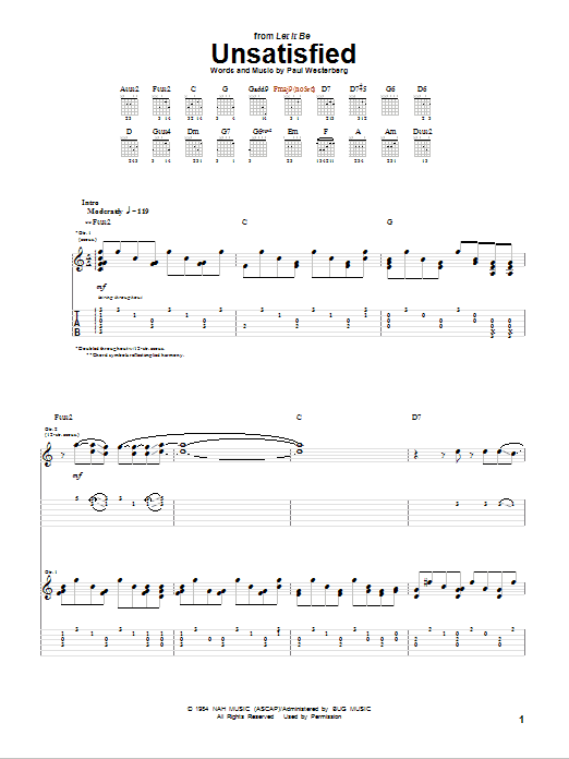 The Replacements Unsatisfied Sheet Music Notes & Chords for Guitar Tab - Download or Print PDF