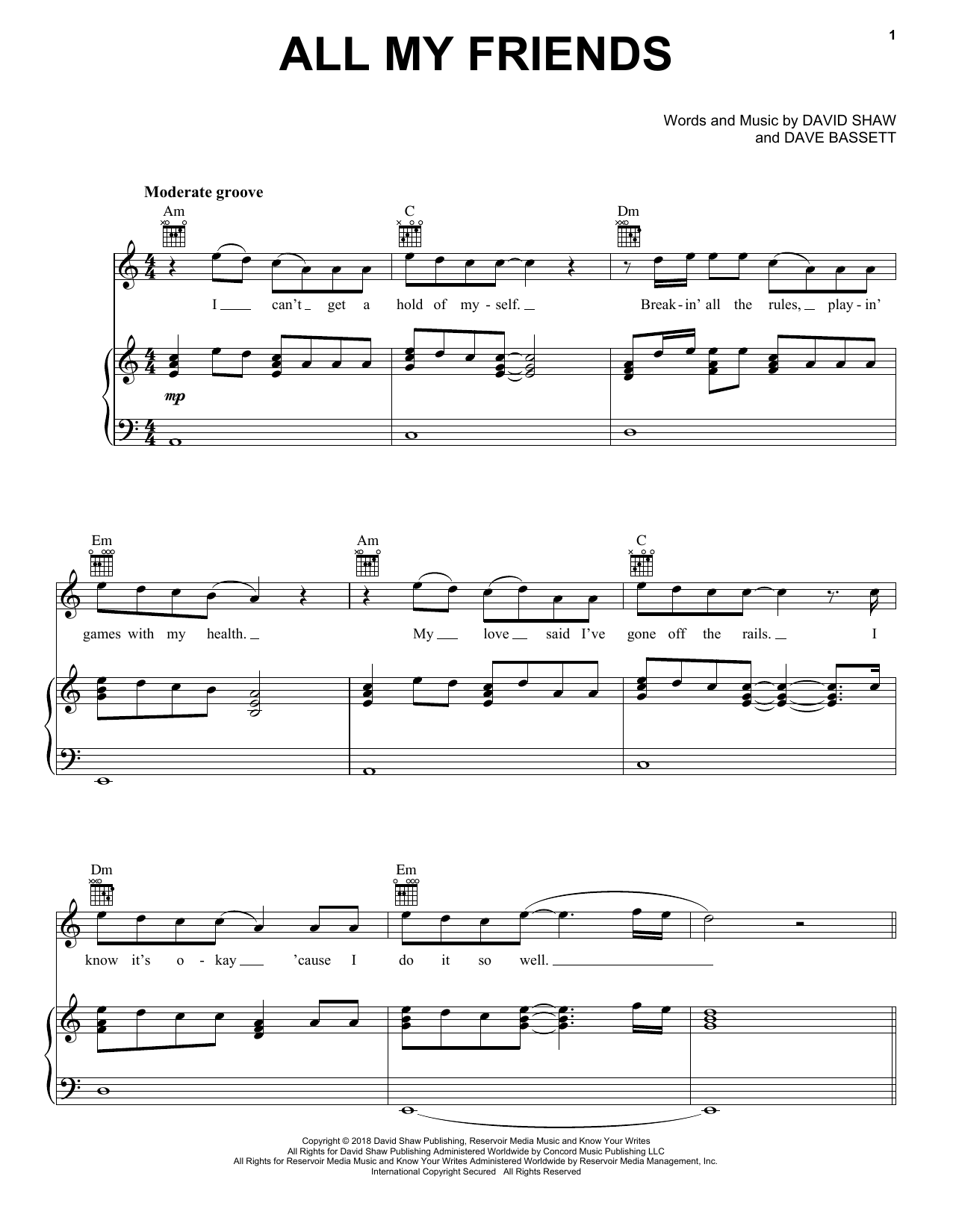 The Revivalists All My Friends Sheet Music Notes & Chords for Piano, Vocal & Guitar (Right-Hand Melody) - Download or Print PDF