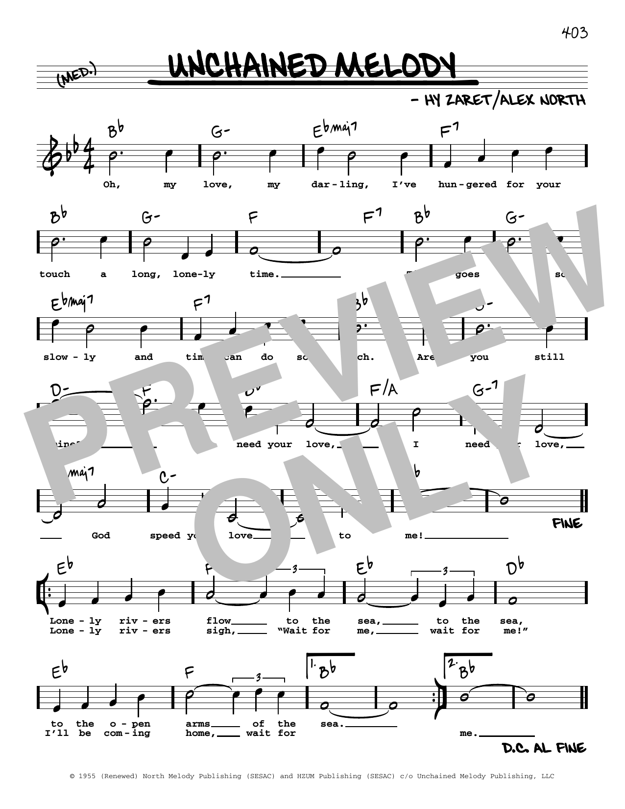 The Righteous Brothers Unchained Melody (High Voice) Sheet Music Notes & Chords for Real Book – Melody, Lyrics & Chords - Download or Print PDF