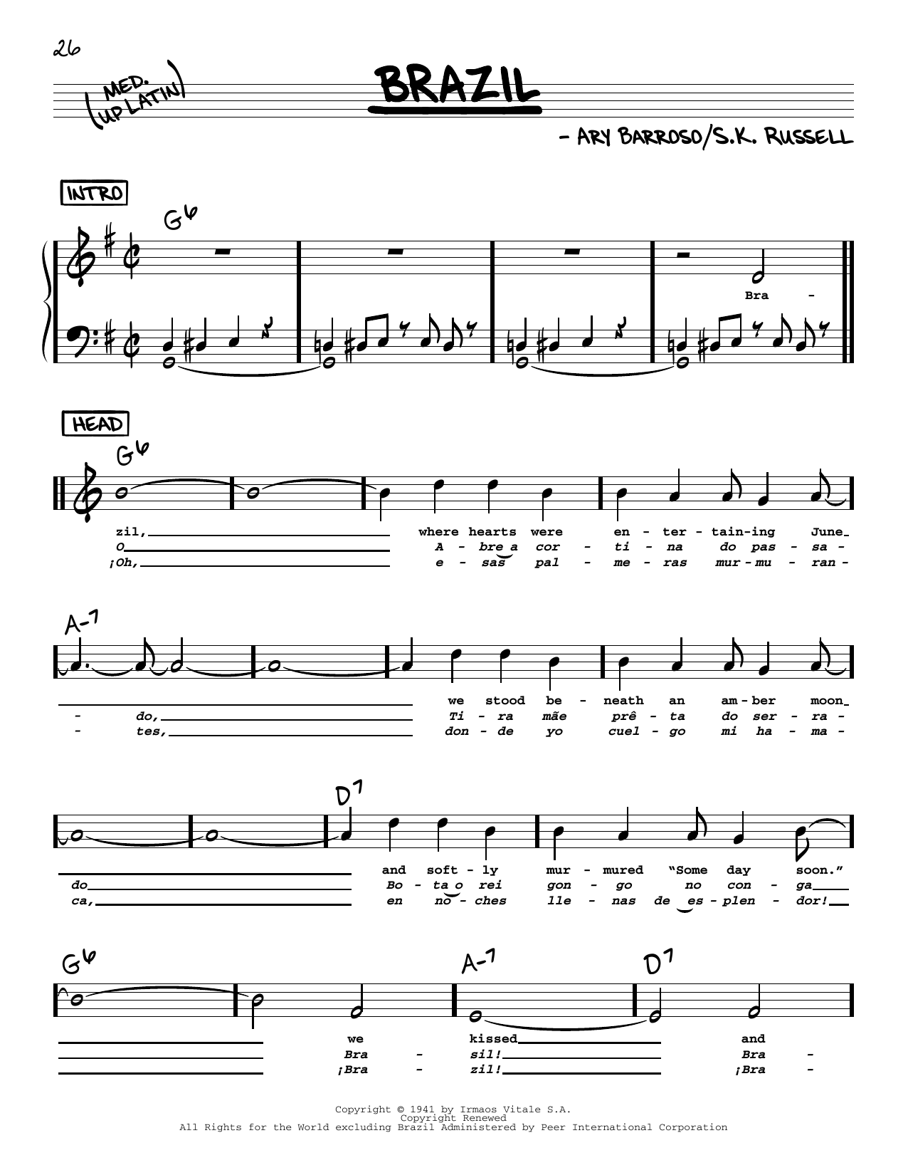 The Ritchie Family Brazil (High Voice) Sheet Music Notes & Chords for Real Book – Melody, Lyrics & Chords - Download or Print PDF