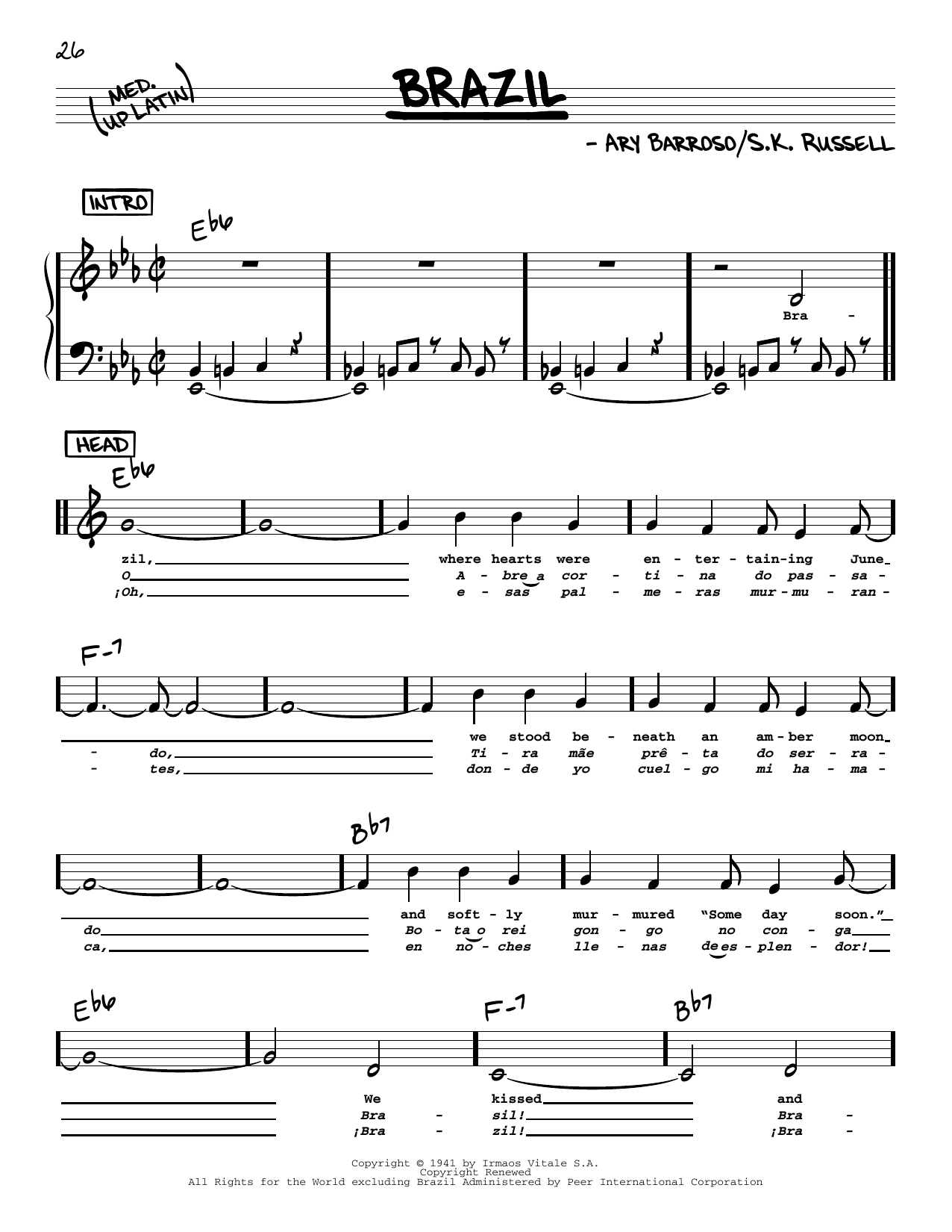The Ritchie Family Brazil (Low Voice) Sheet Music Notes & Chords for Real Book – Melody, Lyrics & Chords - Download or Print PDF
