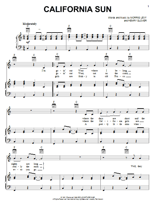 The Rivieras California Sun sheet music notes and chords. Download Printable PDF.