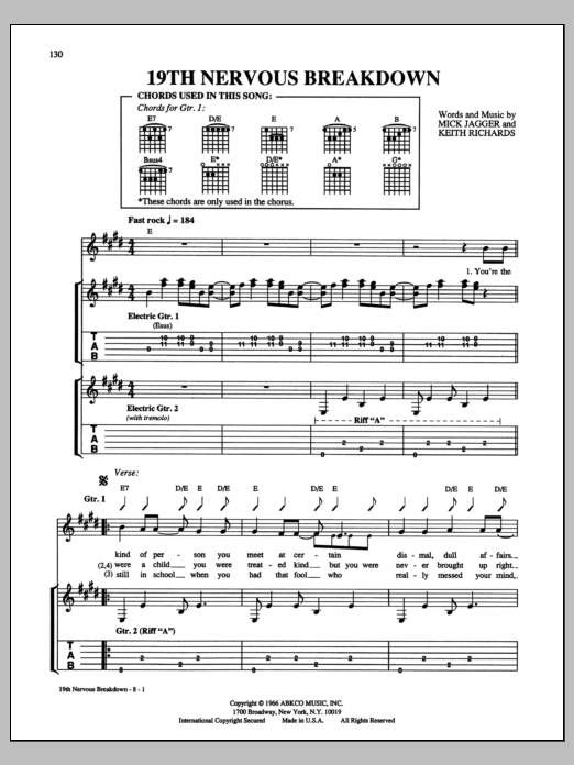 The Rolling Stones 19th Nervous Breakdown Sheet Music Notes & Chords for Guitar Chords/Lyrics - Download or Print PDF