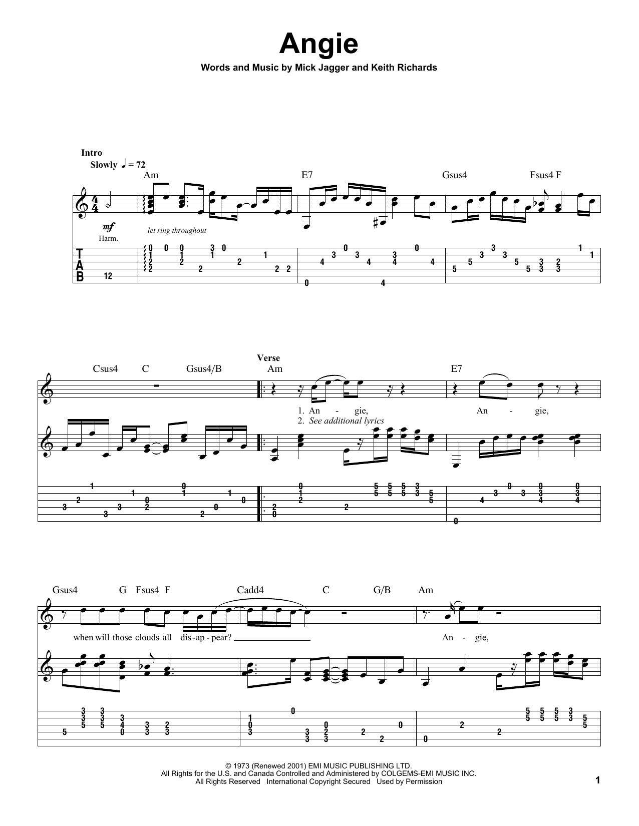 The Rolling Stones Angie Sheet Music Notes & Chords for Really Easy Guitar - Download or Print PDF
