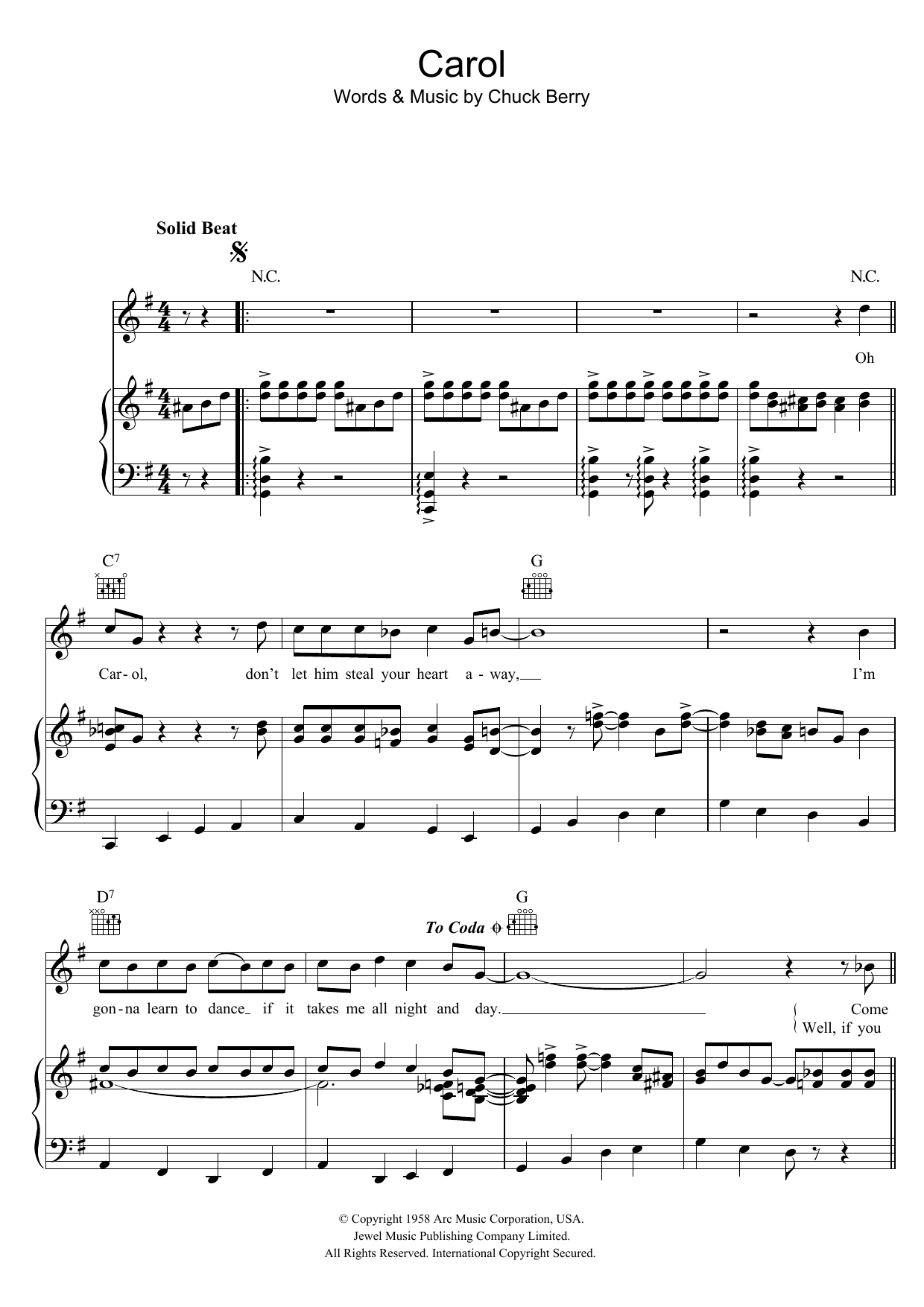 The Rolling Stones Carol Sheet Music Notes & Chords for Piano, Vocal & Guitar (Right-Hand Melody) - Download or Print PDF