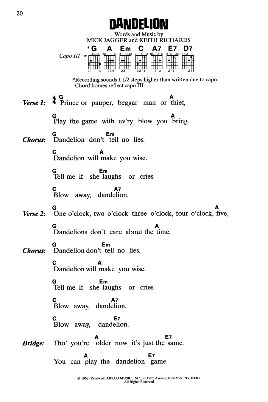 The Rolling Stones Dandelion Sheet Music Notes & Chords for Guitar Chords/Lyrics - Download or Print PDF