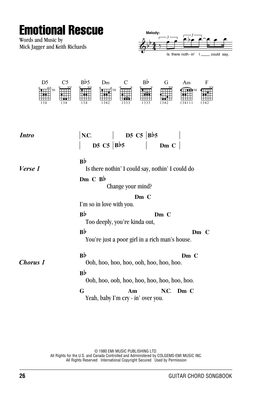 The Rolling Stones Emotional Rescue Sheet Music Notes & Chords for Melody Line, Lyrics & Chords - Download or Print PDF