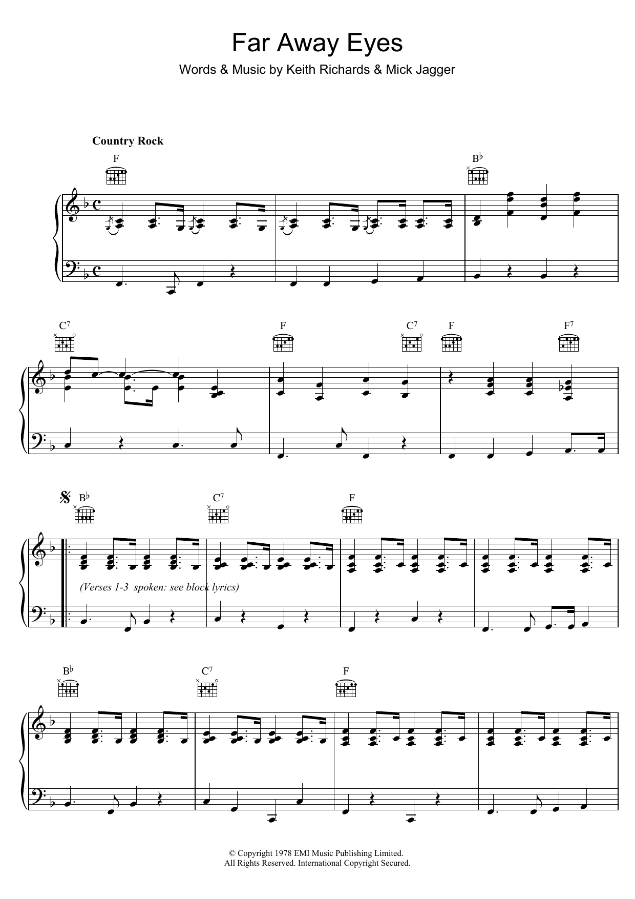 The Rolling Stones Far Away Eyes Sheet Music Notes & Chords for Piano, Vocal & Guitar (Right-Hand Melody) - Download or Print PDF