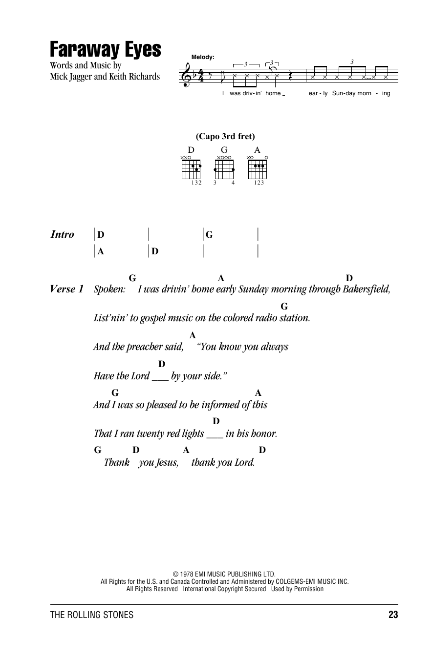 The Rolling Stones Faraway Eyes Sheet Music Notes & Chords for Lyrics & Chords - Download or Print PDF