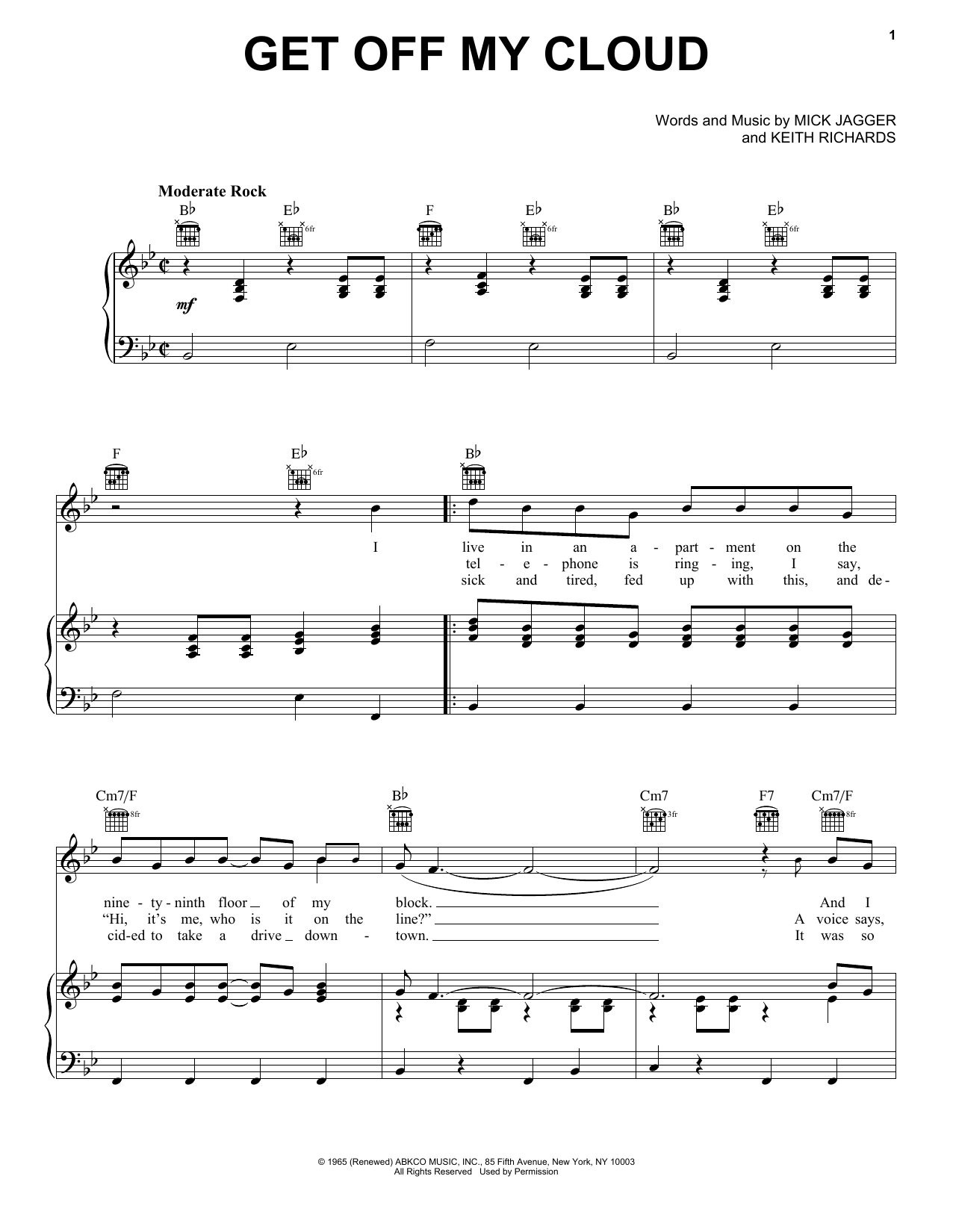 The Rolling Stones Get Off My Cloud Sheet Music Notes & Chords for Piano, Vocal & Guitar Chords (Right-Hand Melody) - Download or Print PDF