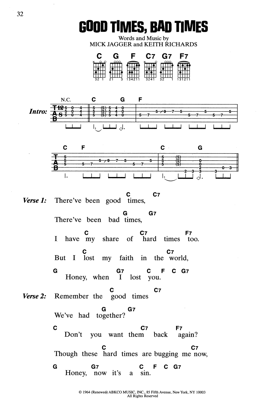 The Rolling Stones Good Times, Bad Times Sheet Music Notes & Chords for Guitar Chords/Lyrics - Download or Print PDF