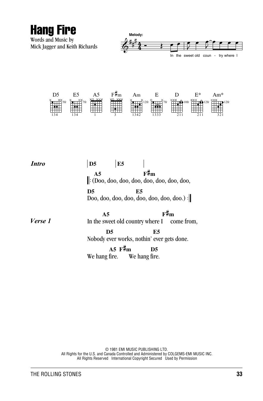 The Rolling Stones Hang Fire Sheet Music Notes & Chords for Piano, Vocal & Guitar (Right-Hand Melody) - Download or Print PDF