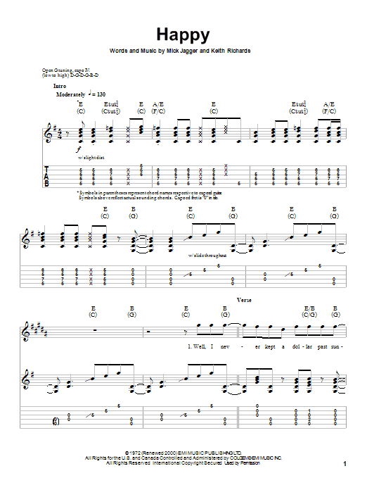 The Rolling Stones Happy Sheet Music Notes & Chords for Lyrics & Chords - Download or Print PDF