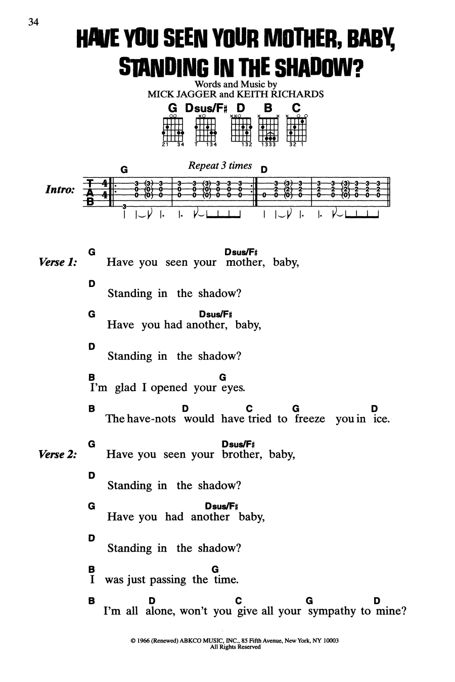 The Rolling Stones Have You Seen Your Mother, Baby, Standing In The Shadow? Sheet Music Notes & Chords for Guitar Chords/Lyrics - Download or Print PDF
