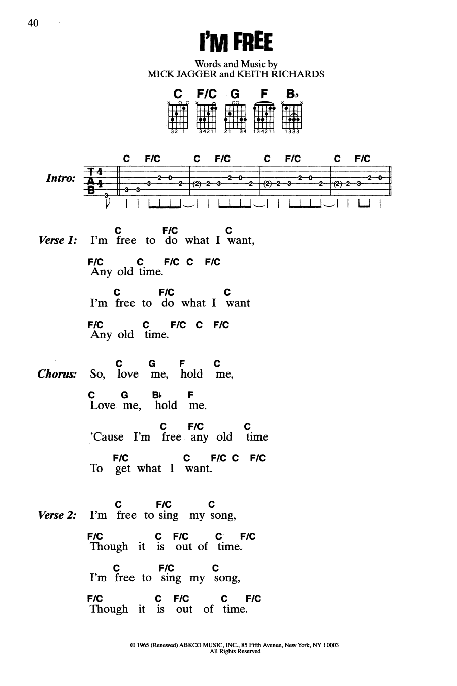 The Rolling Stones I'm Free Sheet Music Notes & Chords for Guitar Chords/Lyrics - Download or Print PDF