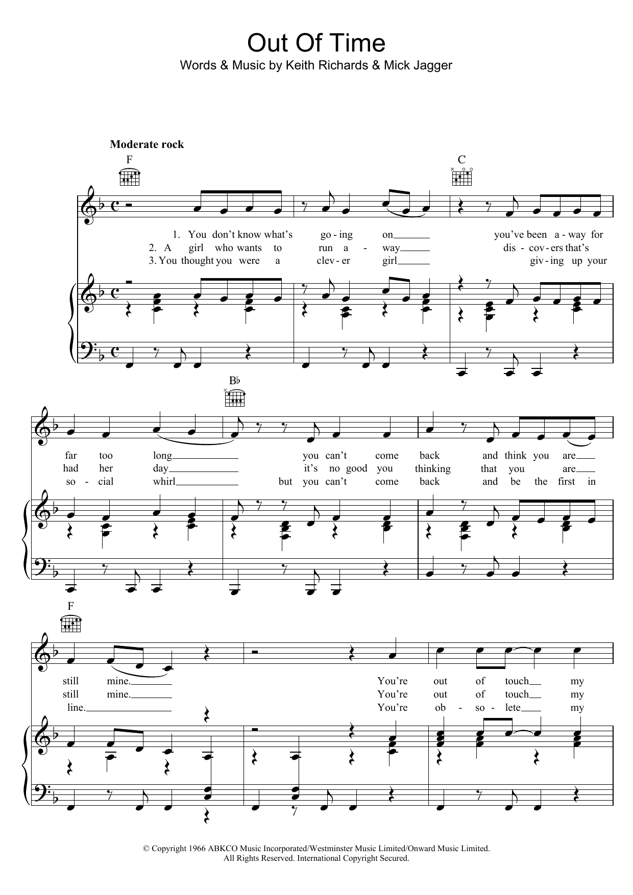 The Rolling Stones Out Of Time Sheet Music Notes & Chords for Piano, Vocal & Guitar (Right-Hand Melody) - Download or Print PDF