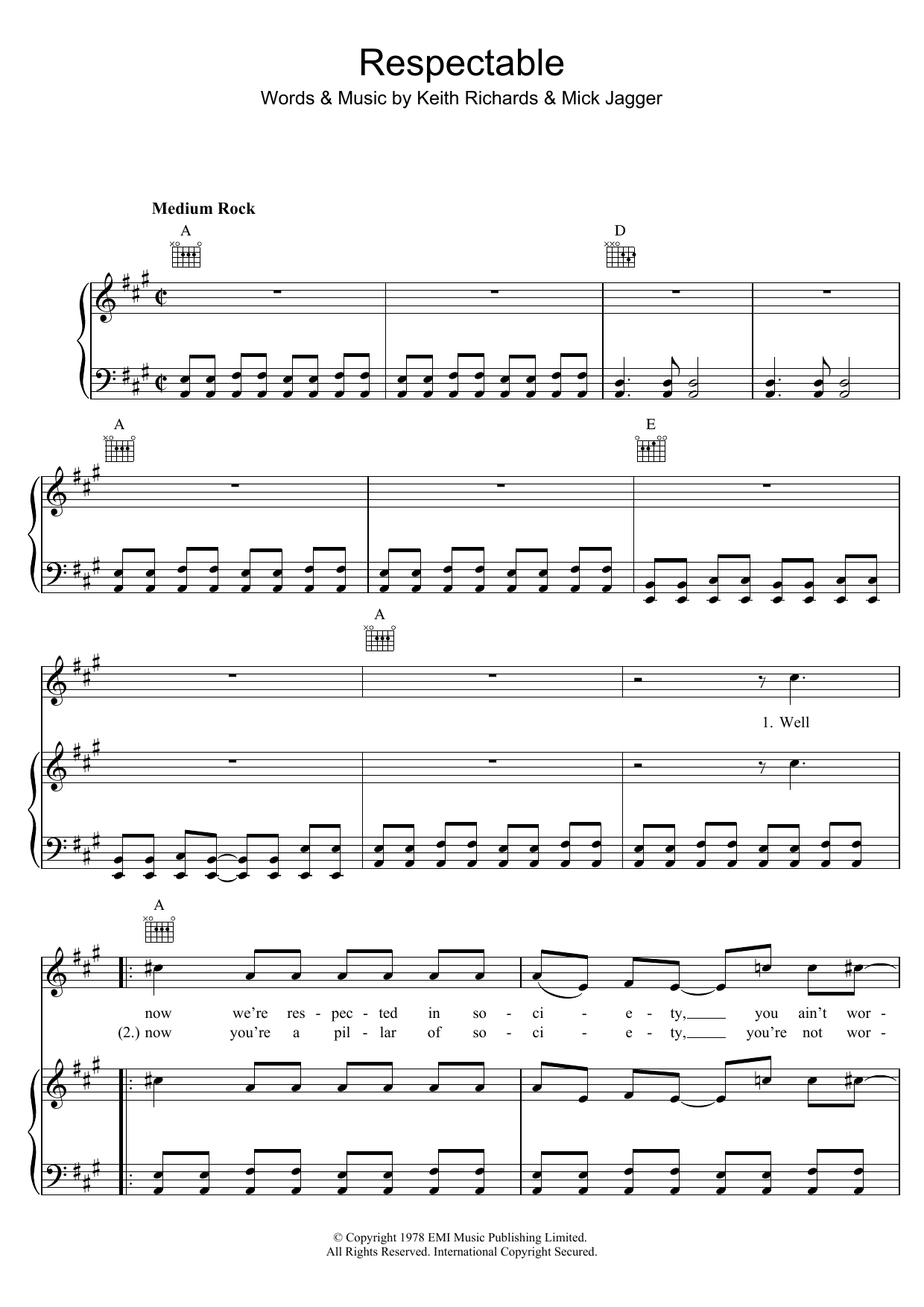The Rolling Stones Respectable Sheet Music Notes & Chords for Piano, Vocal & Guitar (Right-Hand Melody) - Download or Print PDF