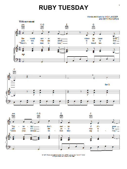 The Rolling Stones Ruby Tuesday Sheet Music Notes & Chords for Piano, Vocal & Guitar (Right-Hand Melody) - Download or Print PDF