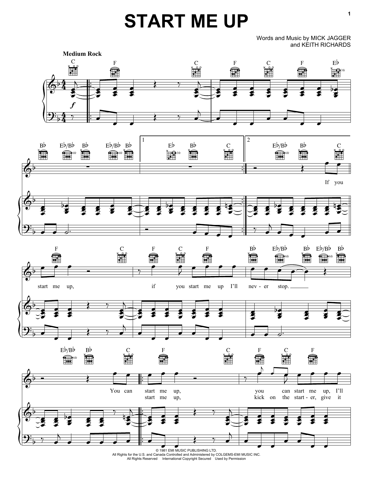 The Rolling Stones Start Me Up Sheet Music Notes & Chords for Piano, Vocal & Guitar (Right-Hand Melody) - Download or Print PDF