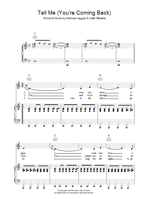 The Rolling Stones Tell Me (You're Coming Back) Sheet Music Notes & Chords for Piano, Vocal & Guitar - Download or Print PDF