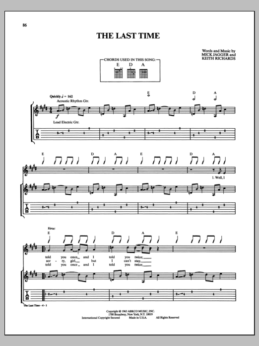 The Rolling Stones The Last Time Sheet Music Notes & Chords for Guitar Chords/Lyrics - Download or Print PDF