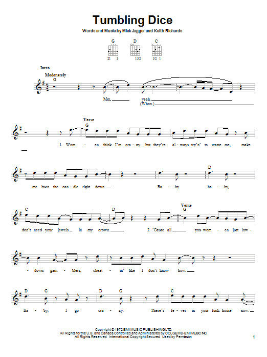 The Rolling Stones Tumbling Dice Sheet Music Notes & Chords for Piano, Vocal & Guitar - Download or Print PDF