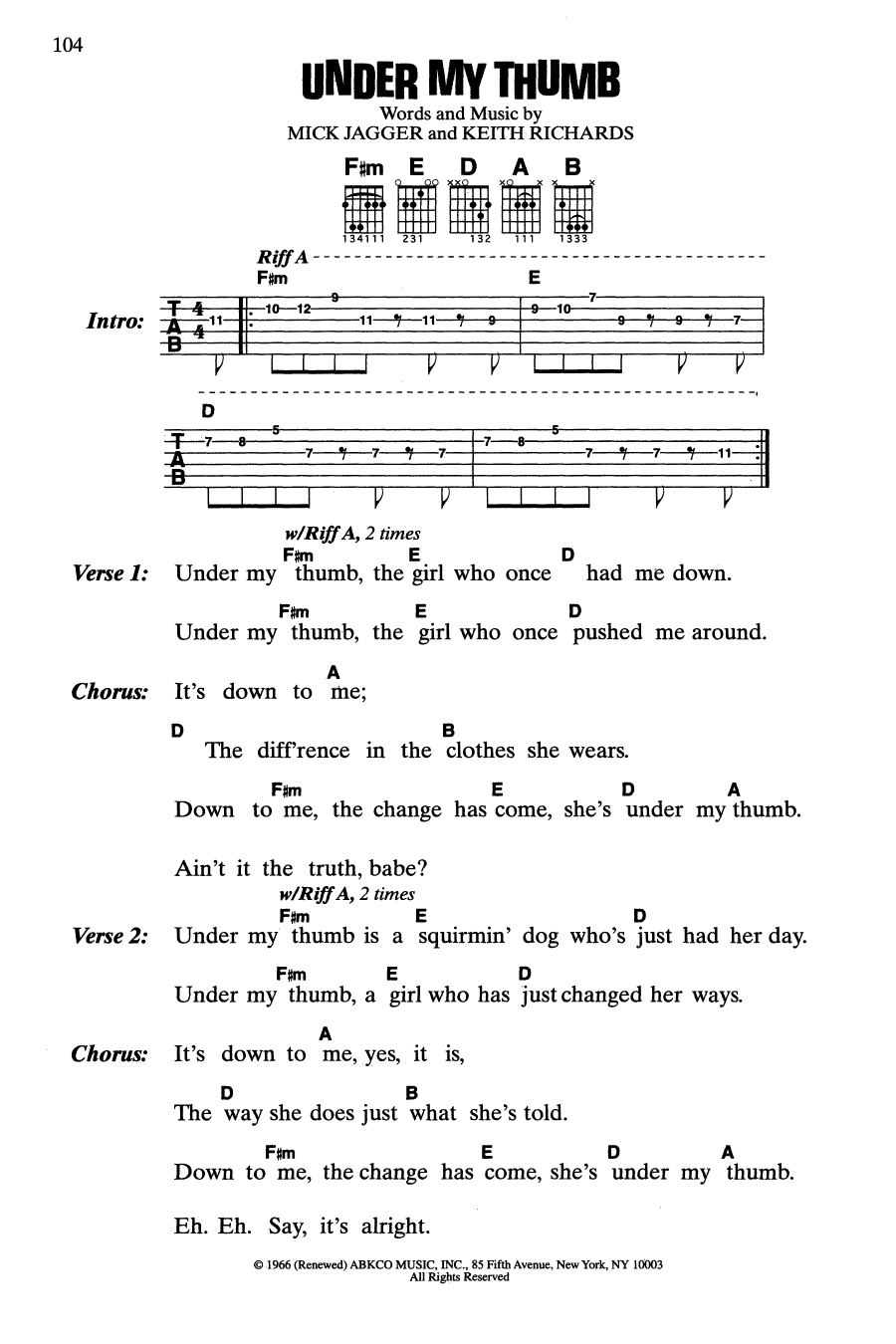 The Rolling Stones Under My Thumb Sheet Music Notes & Chords for Guitar Chords/Lyrics - Download or Print PDF