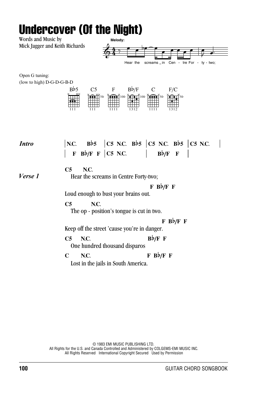 The Rolling Stones Undercover (Of The Night) Sheet Music Notes & Chords for Lyrics & Chords - Download or Print PDF