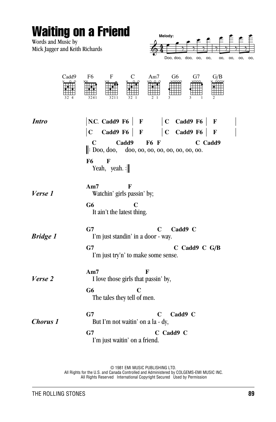 The Rolling Stones Waiting On A Friend Sheet Music Notes & Chords for Lyrics & Chords - Download or Print PDF