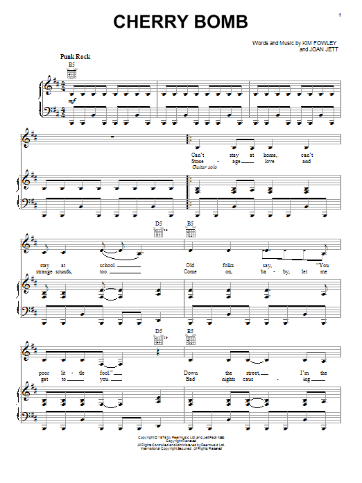 The Runaways Cherry Bomb Sheet Music Notes & Chords for Piano, Vocal & Guitar (Right-Hand Melody) - Download or Print PDF