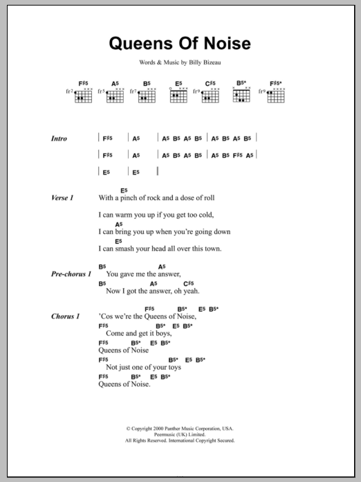 The Runaways Queens Of Noise Sheet Music Notes & Chords for Lyrics & Chords - Download or Print PDF