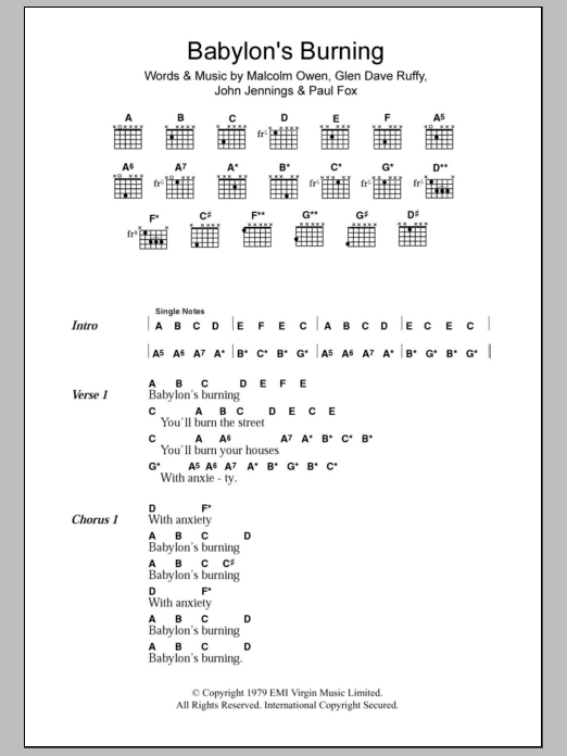 The Ruts Babylon's Burning Sheet Music Notes & Chords for Lyrics & Chords - Download or Print PDF