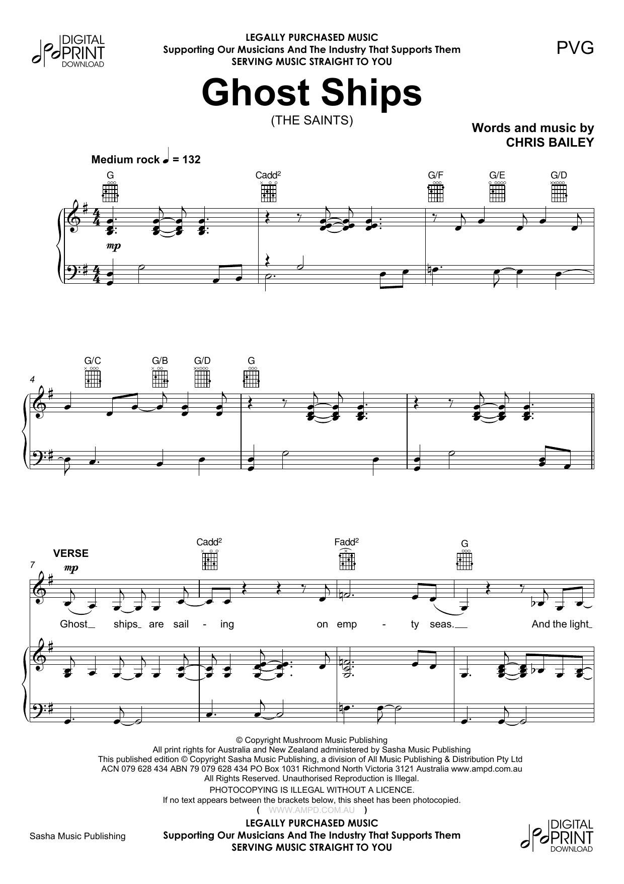 The Saints Ghost Ships Sheet Music Notes & Chords for Piano, Vocal & Guitar (Right-Hand Melody) - Download or Print PDF