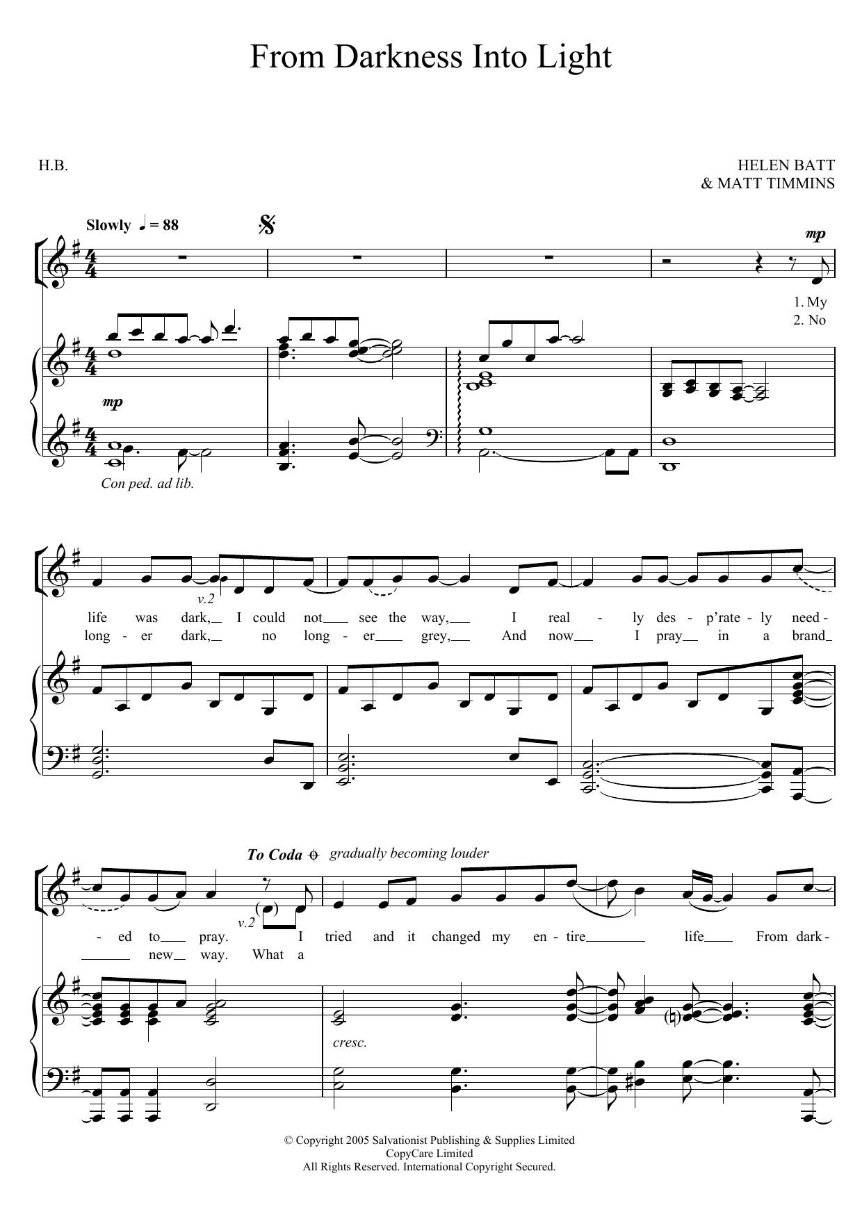 The Salvation Army From Darkness Into Light Sheet Music Notes & Chords for Unison Choral - Download or Print PDF