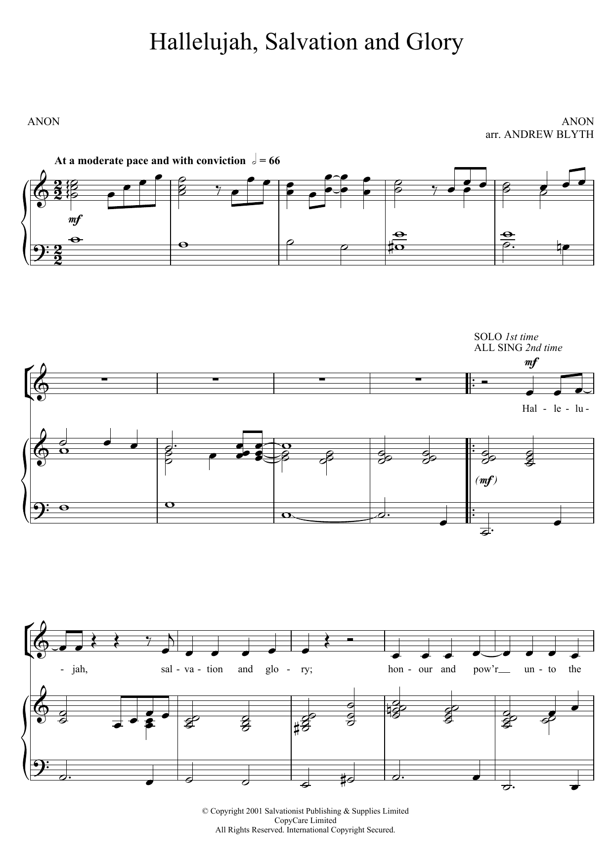 The Salvation Army Hallelujah, Salvation And Glory Sheet Music Notes & Chords for SA - Download or Print PDF