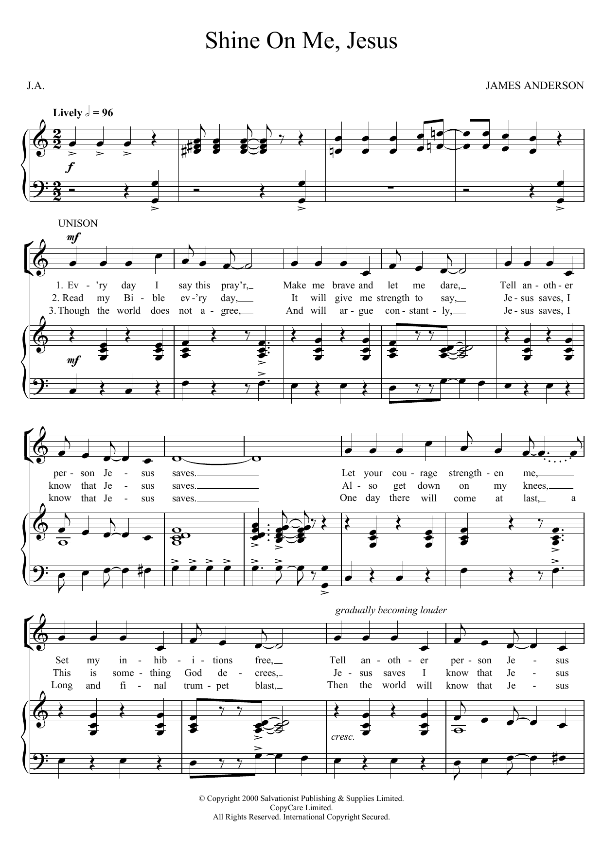 The Salvation Army Shine On Me, Jesus Sheet Music Notes & Chords for Unison Choral - Download or Print PDF