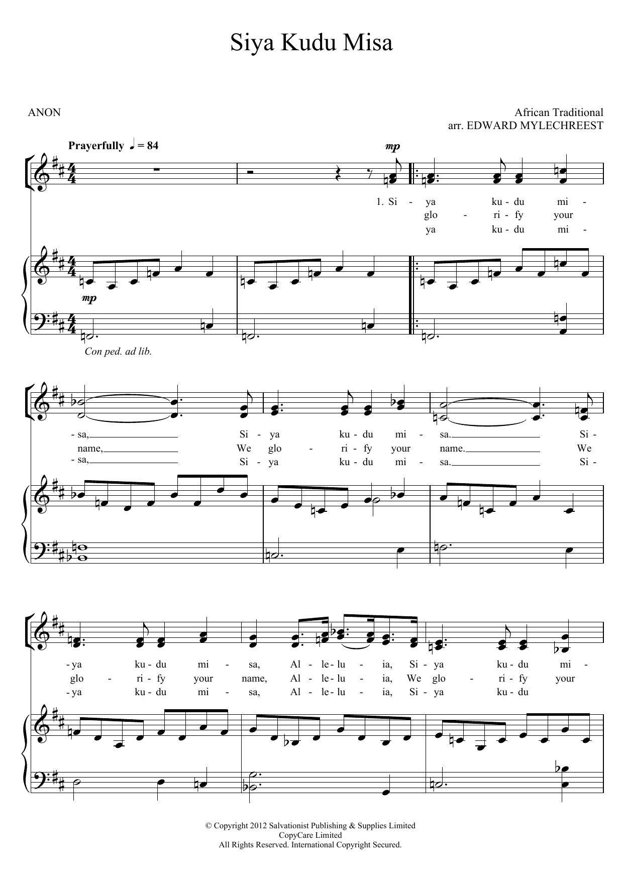 The Salvation Army Siya Kuda Misa Sheet Music Notes & Chords for Piano, Vocal & Guitar (Right-Hand Melody) - Download or Print PDF