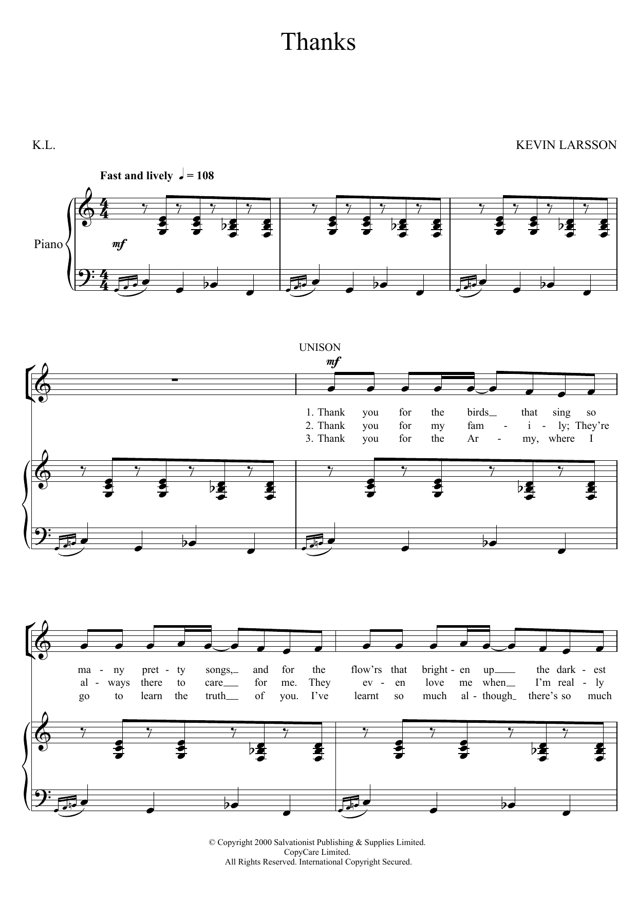 The Salvation Army Thanks Sheet Music Notes & Chords for Unison Choral - Download or Print PDF