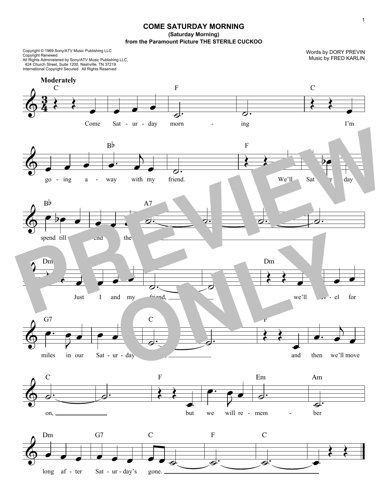 The Sandpipers Come Saturday Morning (Saturday Morning) Sheet Music Notes & Chords for Lead Sheet / Fake Book - Download or Print PDF