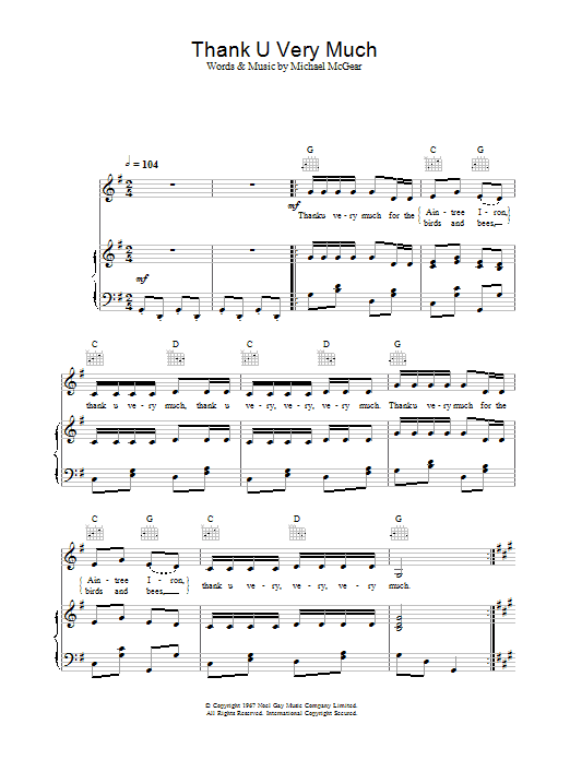 The Scaffold Thank U Very Much Sheet Music Notes & Chords for Piano, Vocal & Guitar (Right-Hand Melody) - Download or Print PDF